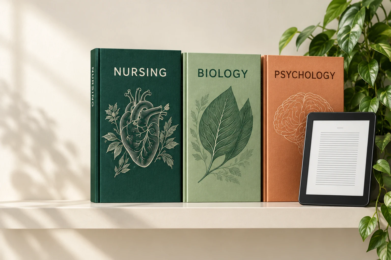Illustrated nursing, biology and psychology books beside an ebook reader